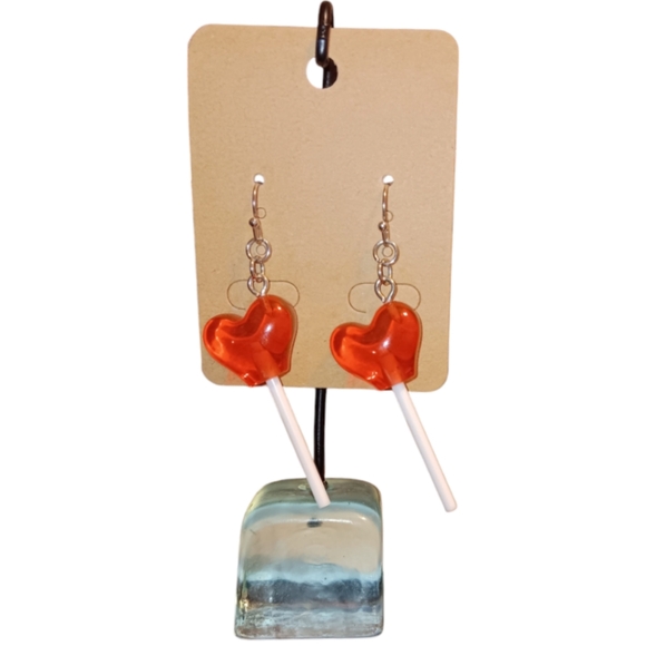 HANDMADE Red Heart Lollipop Valentine Candy Suckers Dangle Earrings - Picture 1 of 6